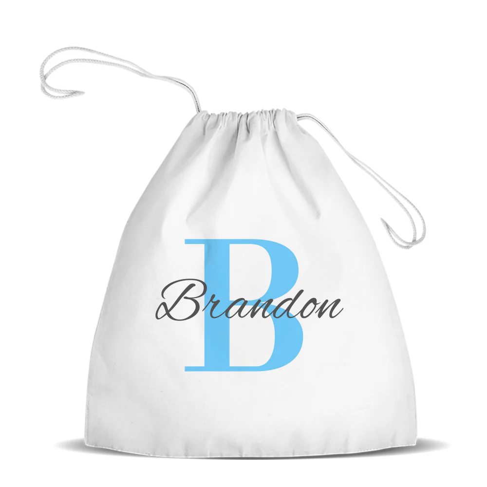 Blue Monogram White Drawstring Bag